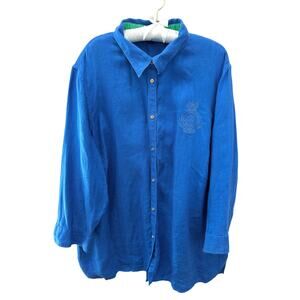 RALPH LAUREN | Blue Crest Logo Linen Button Down Shirt Plus Size | 3X